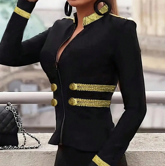 Women's Knit Belt And Button Decorated Sailor Jacket, Sp - Picture 1 of 5